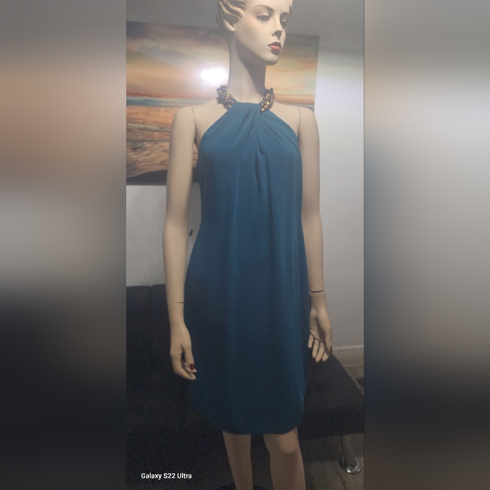 Carmen Marc Valvo Blue Halter Sheath Dress